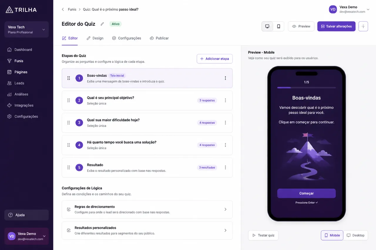 Trilha — Quiz e funil de conversao